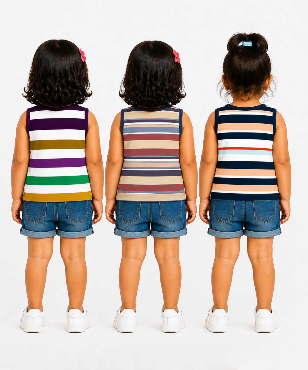 Cotton Stripes Girls Kids Sleeveless Tshirt (Pack of 3)