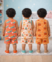 Boys Cotton Cartoon Printed Kids Sleeveless Set Combo | Age 0 to 3 Years | T-shirt & Shorts (Combo Set Pack of 3)