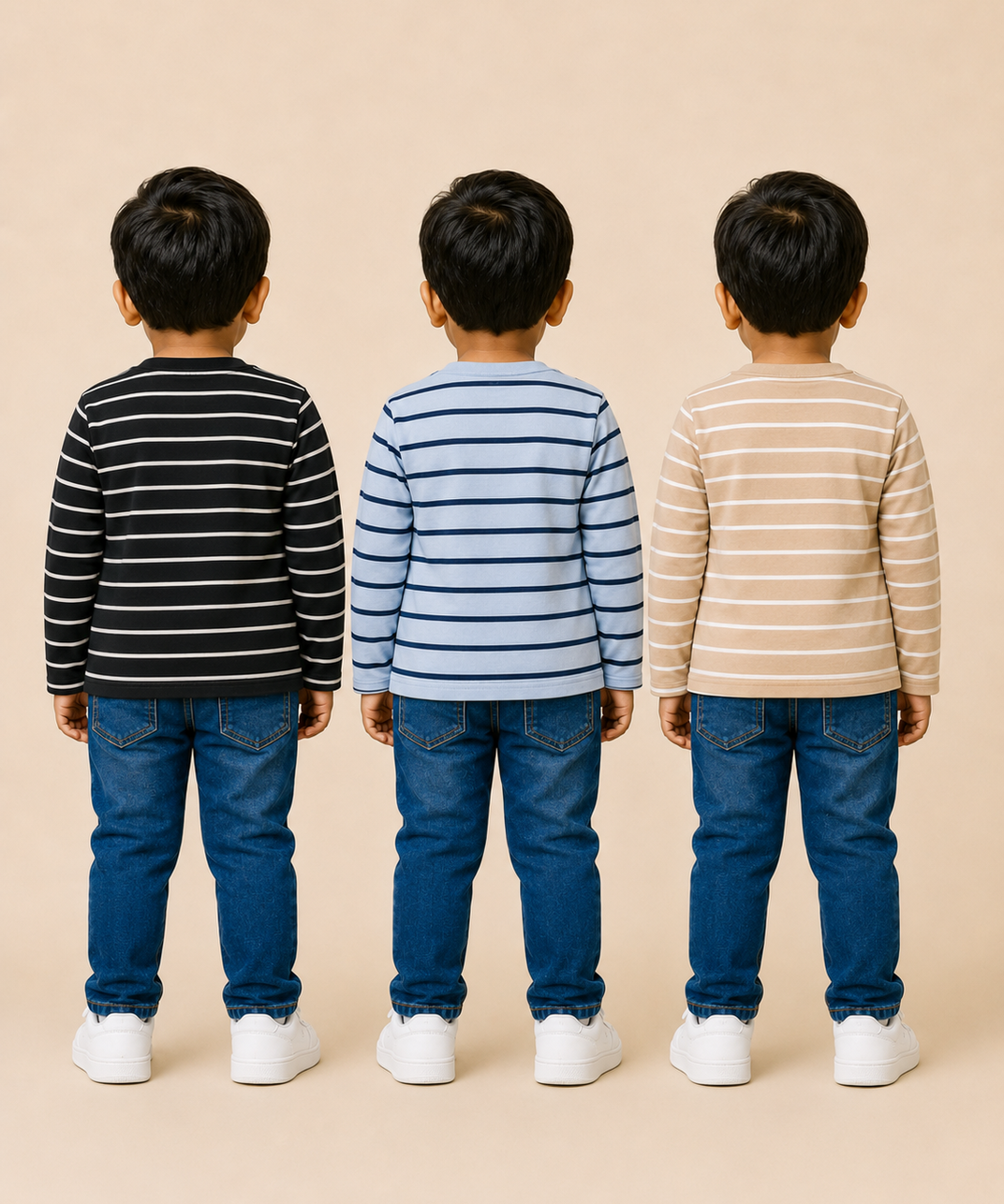 Kids Boys Cotton Stripes Full Sleeve T-shirt | Age 0-3 Years (Pack of 3)