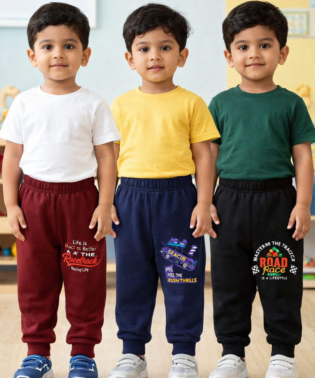 Cotton Track Pant with Bottom Cuff | Random Cartoon Printed | Age 0 to 5 Years (Pack of 3 Pieces)