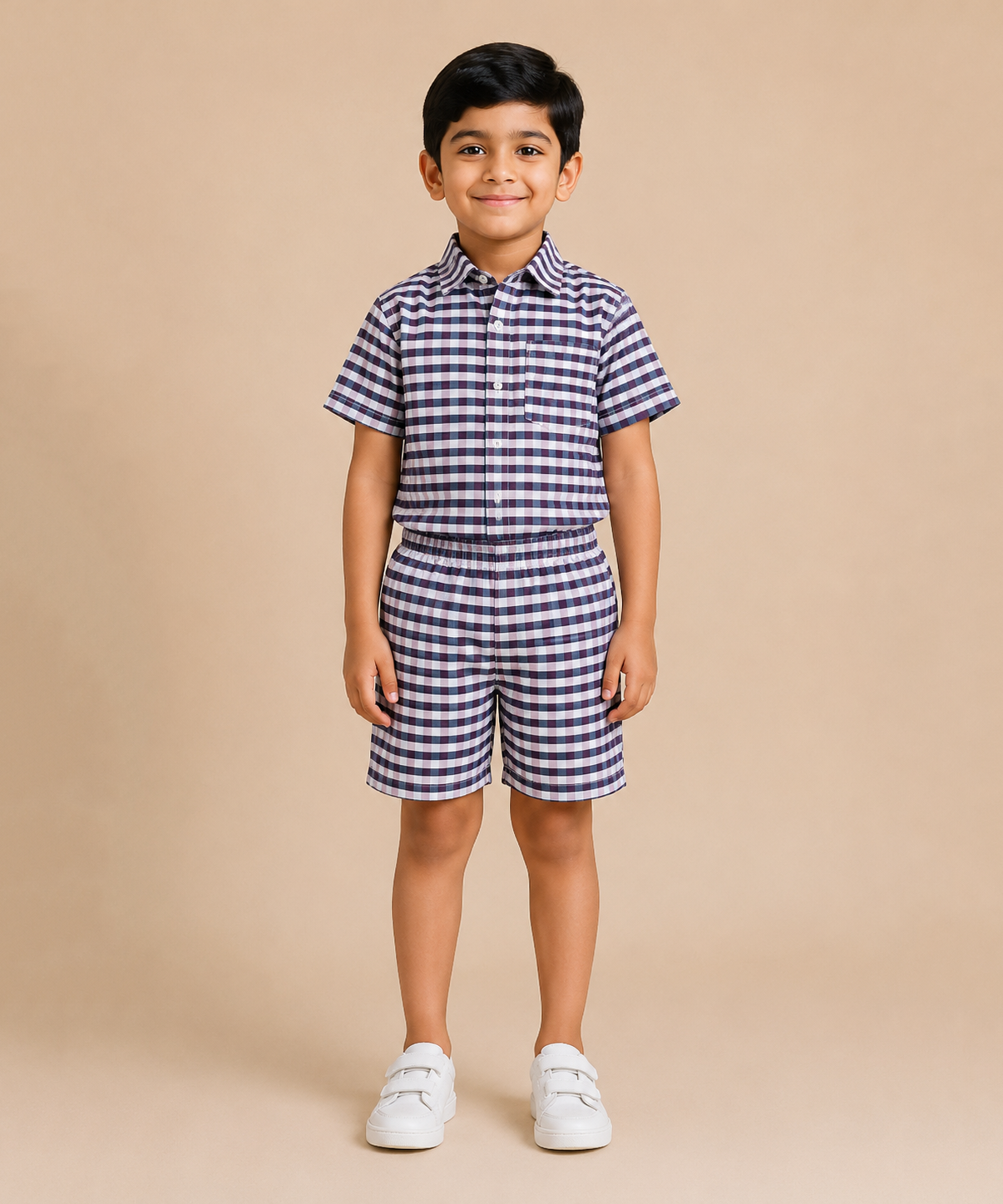 Polyester Checked Shirt and Shorts Set for Boy Kids Casual Wear Half Sleeve Co-Ord Set with Elastic Waist Shorts | Age 6 to 7 Years