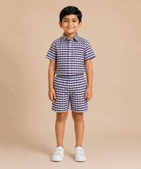 Polyester Checked Shirt and Shorts Set for Boy Kids Casual Wear Half Sleeve Co-Ord Set with Elastic Waist Shorts | Age 6 to 7 Years