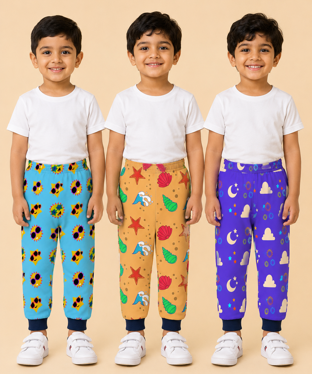 Kids Printed Cotton Track Pants for Boys | Soft Elastic Waist Full Length Joggers | Age 6 Months-5 Years | Pack of 3 Pieces