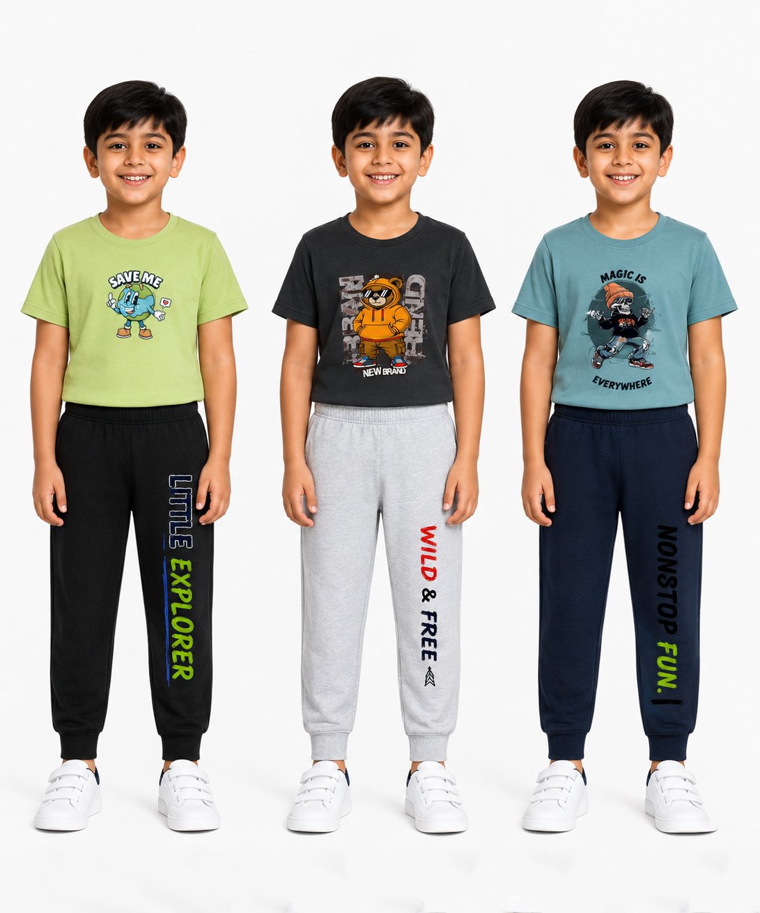 Boys Graphic Printed T-Shirt & Typography Track Pant Co-Ord Set | Age 2-5 Years | Pack Of 3 Set