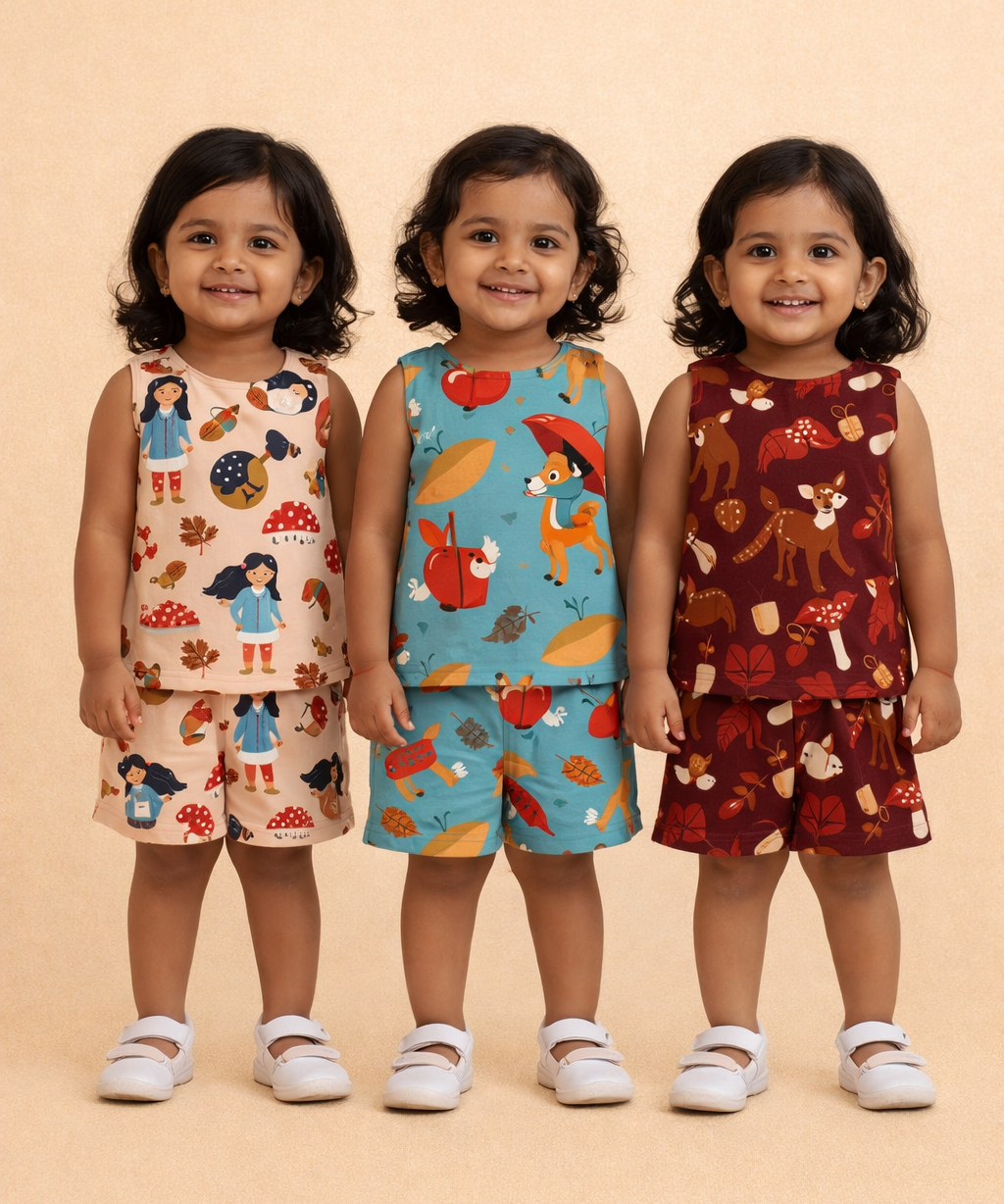 Girls Cotton Cartoon Printed Kids Sleeveless Set Combo | Age 0 to 3 Years | Sleeveless T-shirt & Shorts Co-ord Set (Pack of 3 Sets)