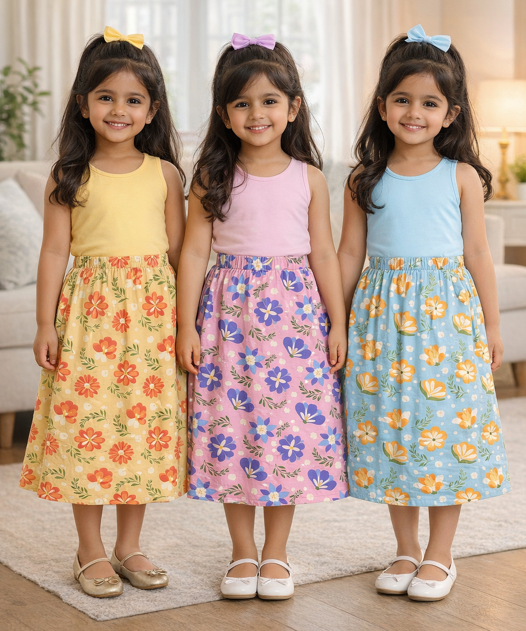 Rayon Floral Printed Skirt | Casual wear for Girl Kids Age 1 To 6 Years (Pack of 3)