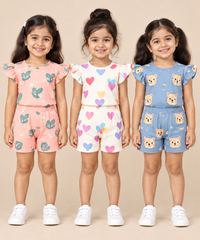 Girls All Over Printed | Flutter Sleeve Tshirt and Shorts Co-ord Set | Age 0 to 3 Years (Pack of 3 Sets)