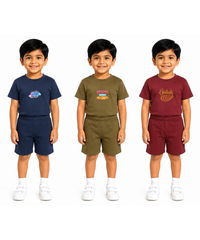 Kids Cartoon Print T-Shirt & Shorts Co-Ord Set for Boys | Age 6 Months-3 Years | Pack Of 3 Set Combo