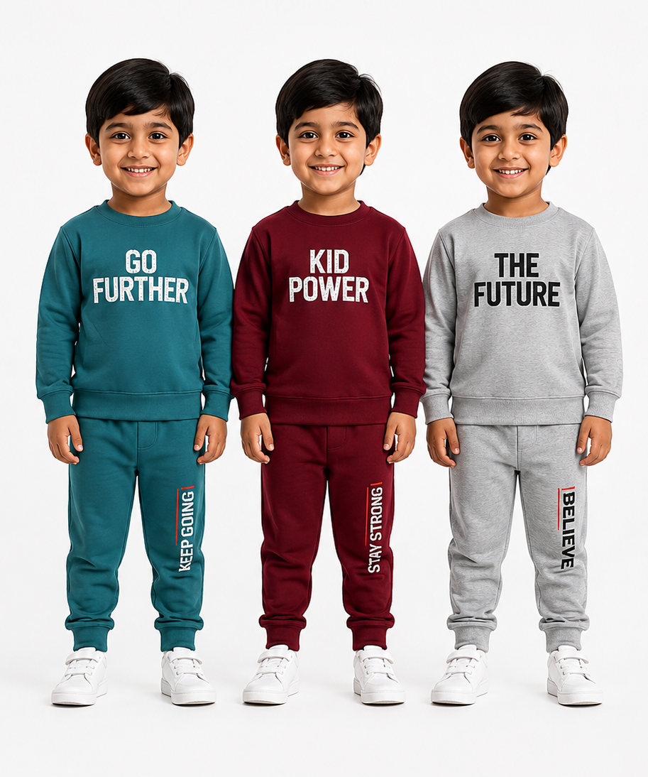 Boys Full Sleeve Cotton Winter Co-Ord Set | Typography Chest Printed Sweatshirt & Jogger Track Pant | Age 1 to 4 Years (Pack of 3 Sets)