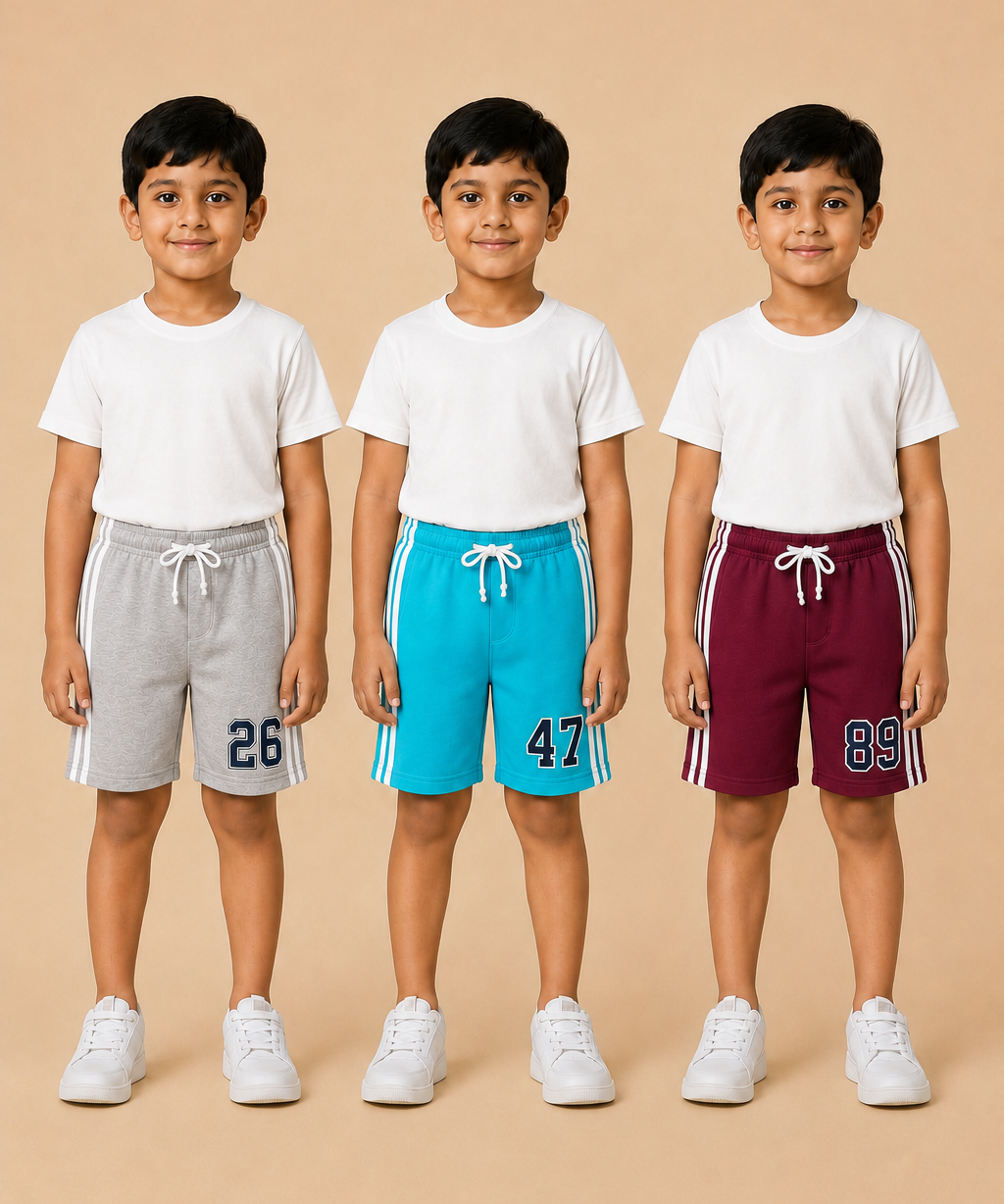 Kids Double Side Stripe Sports Shorts | Cotton Casual Shorts for Boys | Age 6-9 Years | Pack Of 3 Pieces Combo