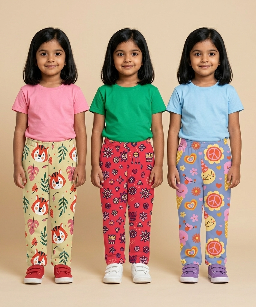Pure Cotton Girls Printed Track Pant for Casual Night wear for Kids | Age 0 To 8 Years (Pack of 3)