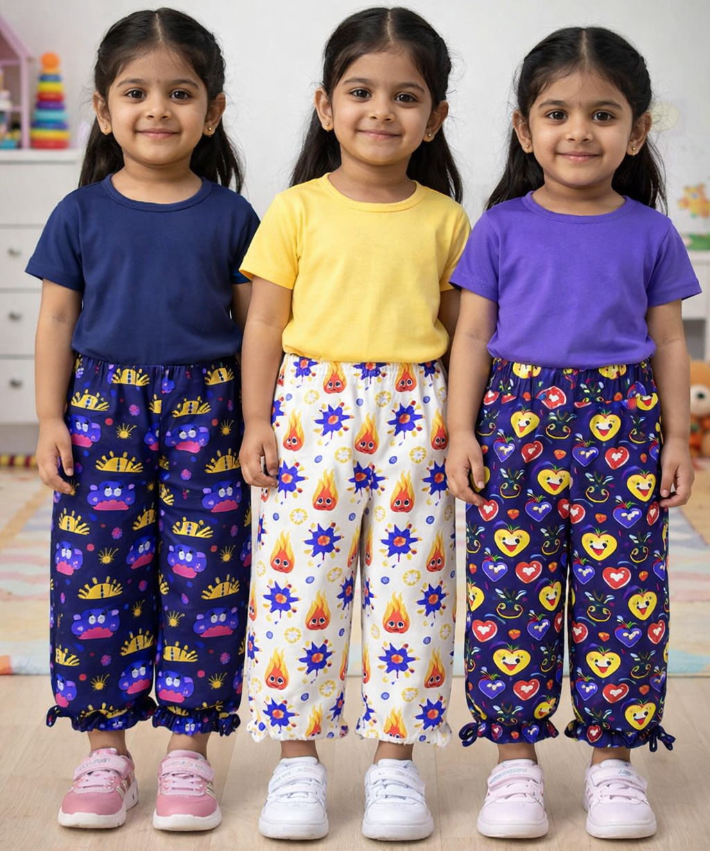 Pure Cotton Pajama Pant for Casual wear for Girl Kids Age 0 To 6 Years (Pack of 3)
