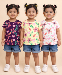 Kids Girls Cotton Printed T-shirt | 0 to 3 Years (Pack Of 3 Pieces)