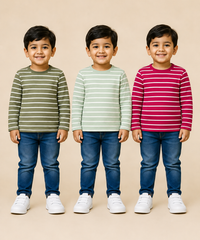Kids Boys Cotton Stripes Full Sleeve T-shirt | Age 0-3 Years (Pack of 3)