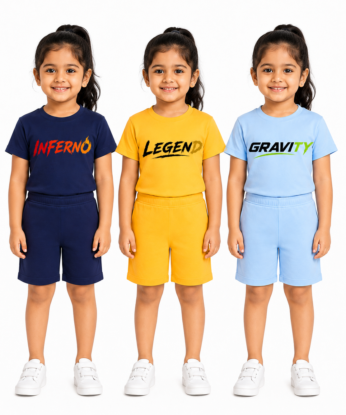 Kids Typography Print T-Shirt & Shorts Co-Ord Set for Girls | Age 6 Months-3 Years | Pack Of 3 Set Combo