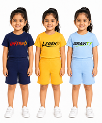 Kids Typography Print T-Shirt & Shorts Co-Ord Set for Girls | Age 6 Months-3 Years | Pack Of 3 Set Combo