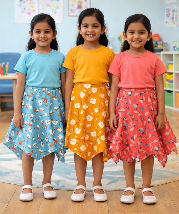 Cotton Fish Midi Floral Printed Skirt | Casual wear for Girl Kids Age 2 To 9 Years (Pack of 3)