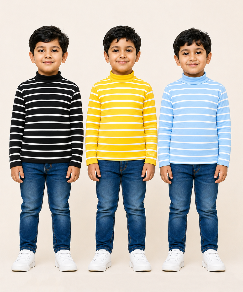 Kids Boys Full Sleeve Hi-Neck Stripes Rib T-shirt | Age 9 to 24 Months | Pack of 3 Pieces