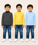 Kids Boys Full Sleeve Hi-Neck Stripes Rib T-shirt | Age 9 to 24 Months | Pack of 3 Pieces
