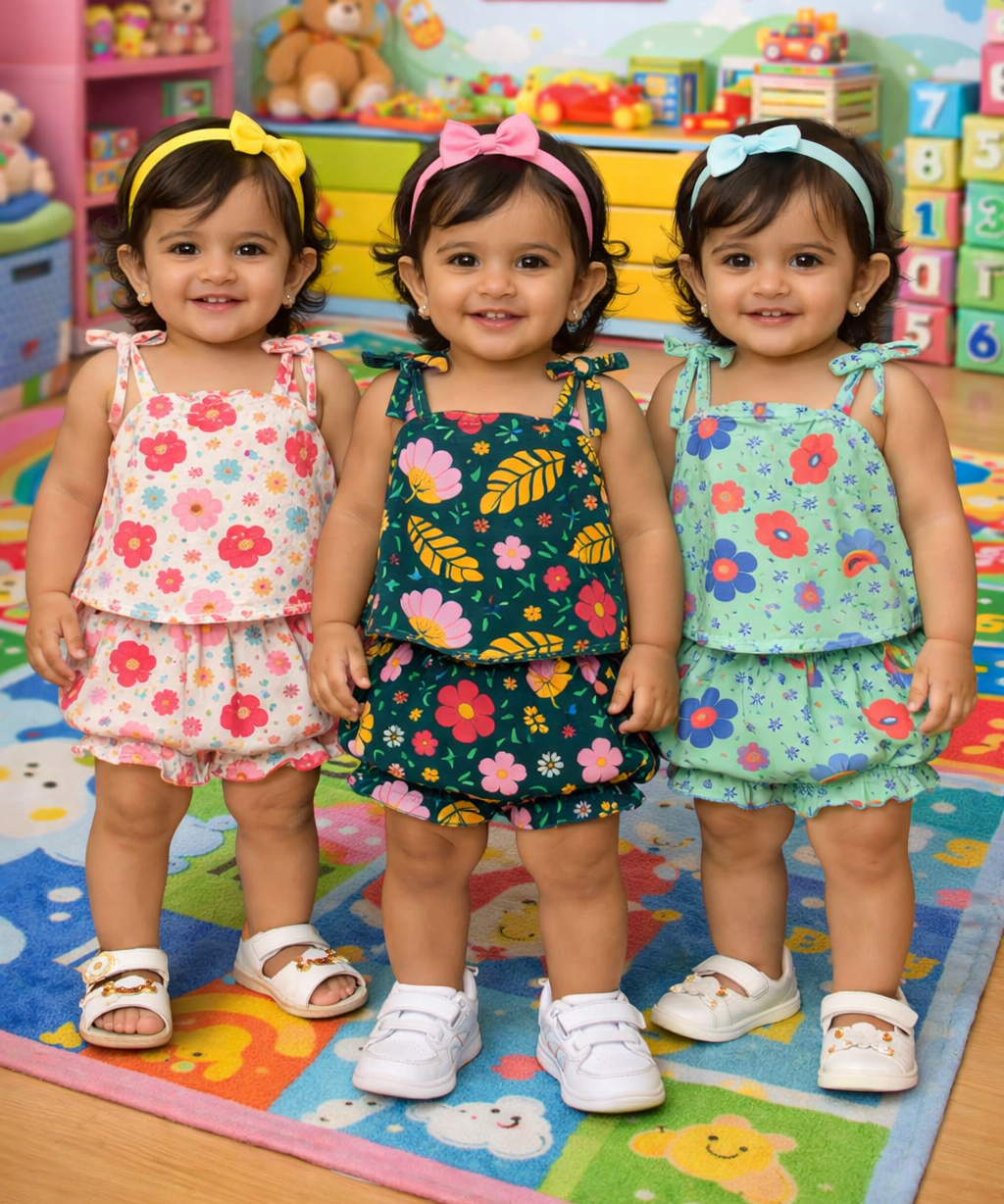 Boy & Girl Baby Printed Top Knot Dress | Top and Shorts Set | 100% Pure Cotton (Pack of 3 Sets Combo)