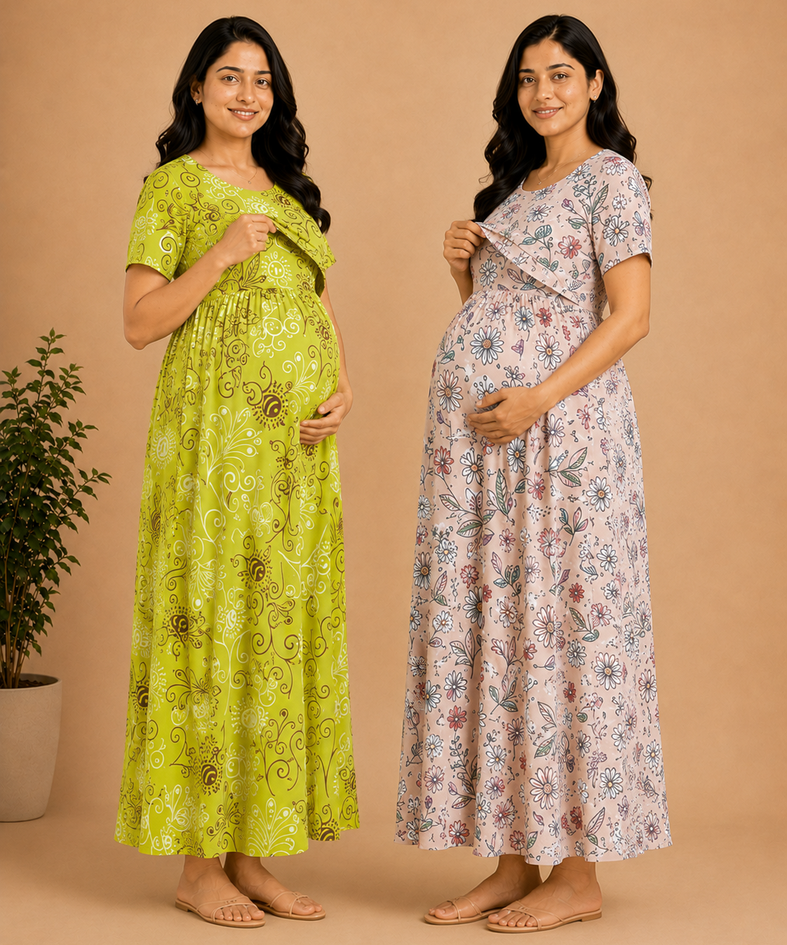 Maternity Feeding Maxi Dress | Nursing Friendly Nighty Style (Pack of 2 Pieces)