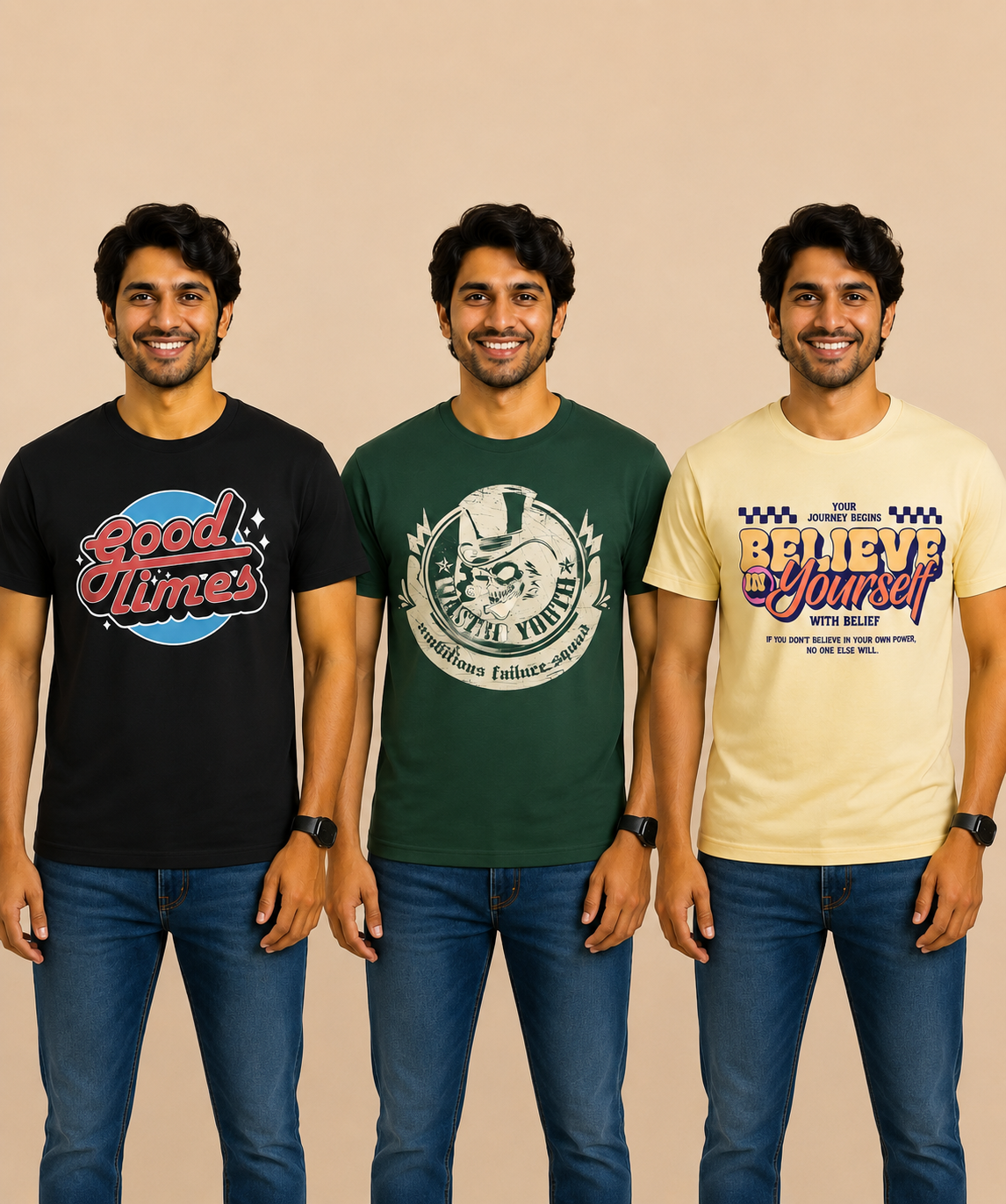Men's Half Sleeve Printed Round Neck T-Shirt Combo (Pack of 3)