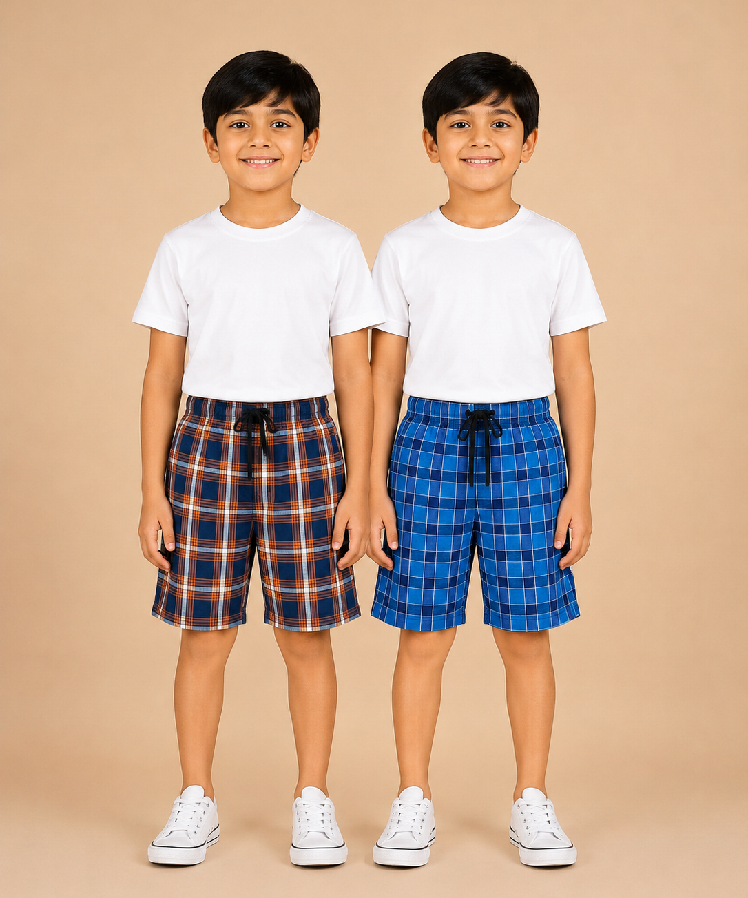 Kids Boys Checkered & Printed Cotton Shorts | Age - 5 to 10 Years | Soft Elastic Waist Casual Shorts | Combo Pack of 2 Pieces