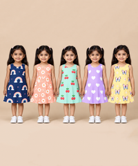 Girls 100% Cotton All Over Printed 2 To 5 Years Gown Dress/Frock Dress (Pack of 5)