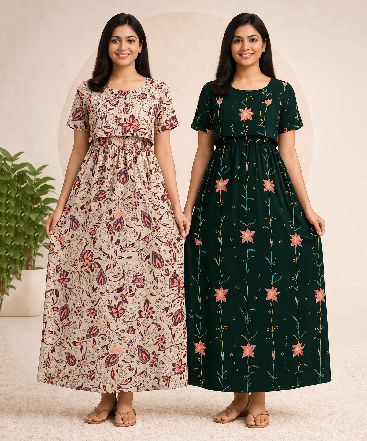 Maternity Feeding Maxi Dress | Nursing Friendly Nighty Style (Pack of 2 Pieces)