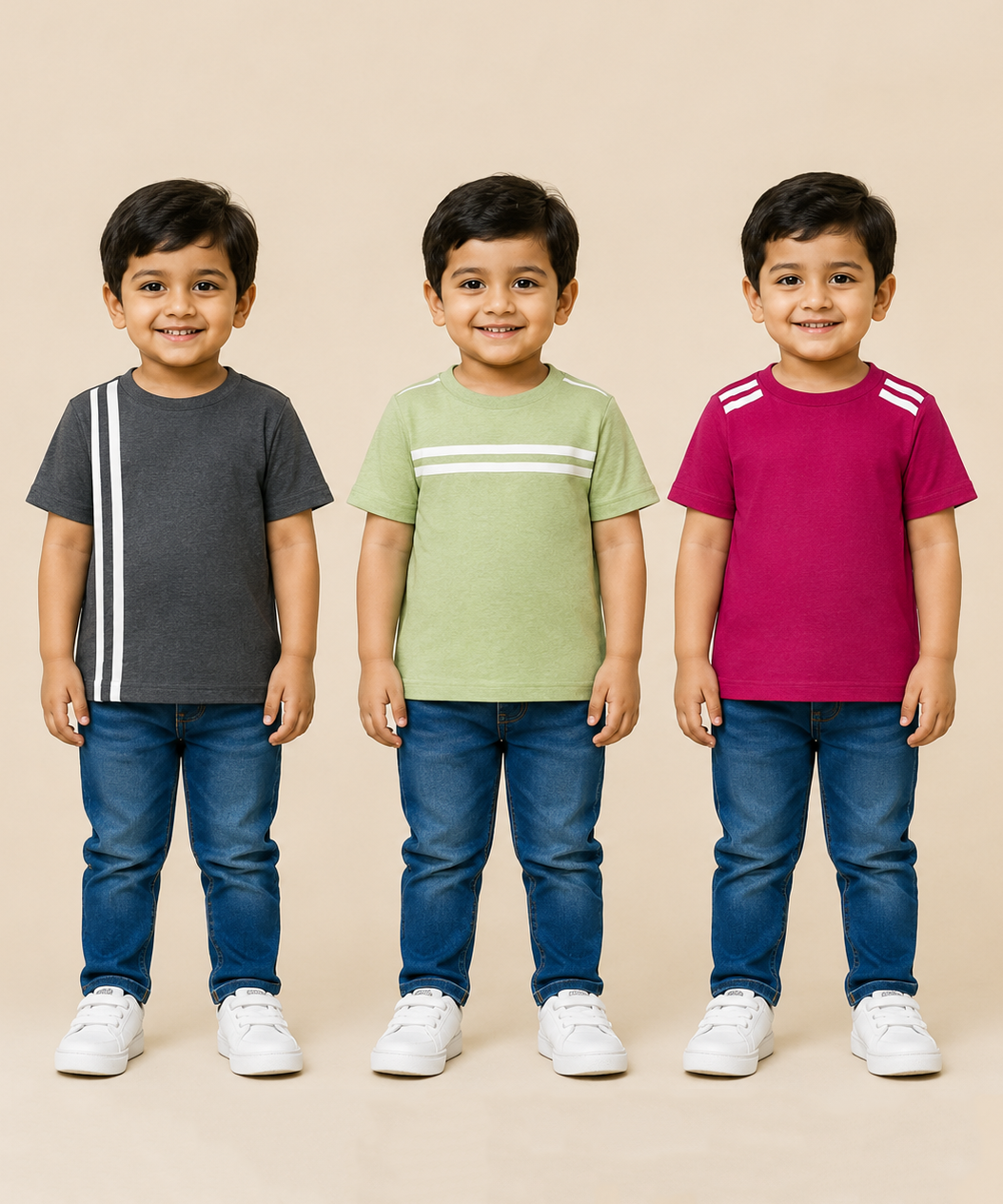 Kids Boys Popcorn Stripes Half Sleeve T-Shirt | Age 3 to 6 Years (Pack of 3 Pieces)