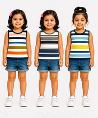 Cotton Stripes Girls Kids Sleeveless Tshirt (Pack of 3)