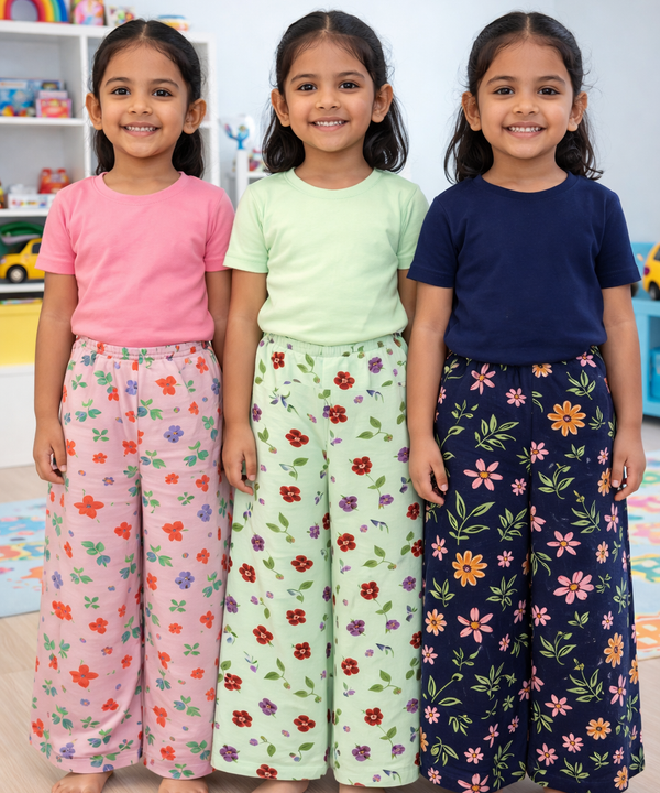 Printed Palazzo Pant | Casual Night wear for Girl Kids Age 4 To 10 Years (Pack of 3)