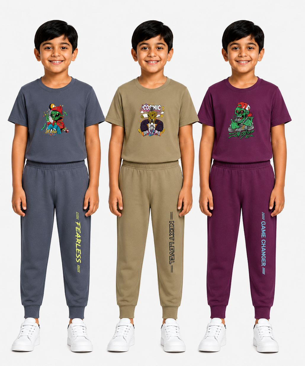 Boys Graphic Printed T-Shirt & Typography Track Pant Co-Ord Set | Age 2-5 Years | Pack Of 3 Set