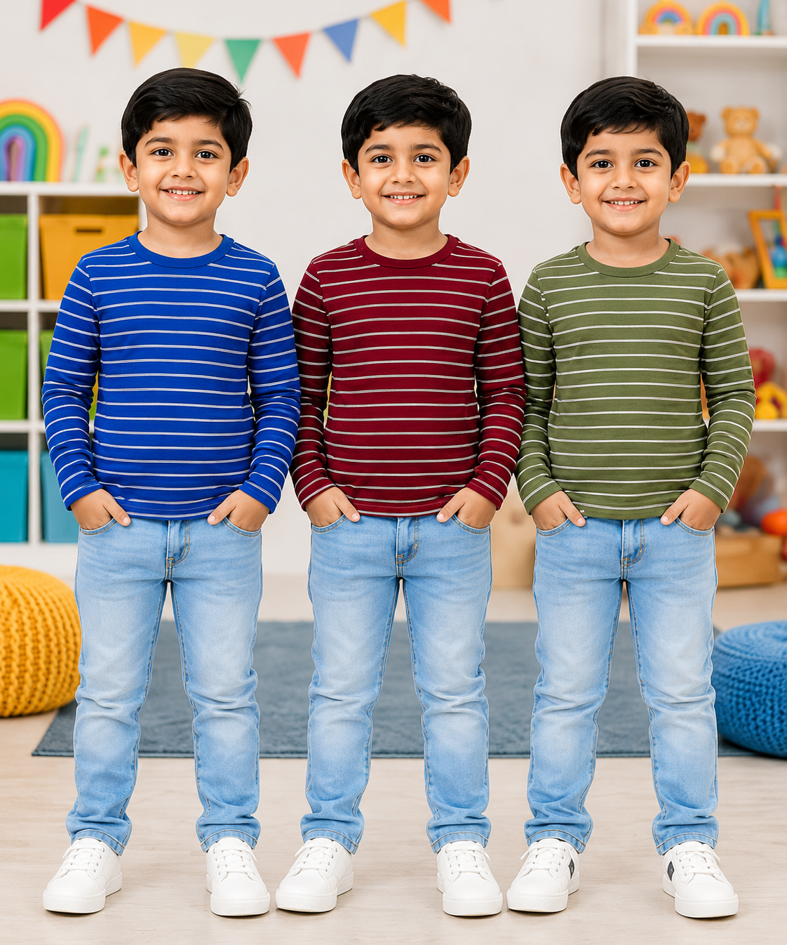 Kids Stripes Full Sleeve Cotton Tshirt | Age 0 to 3 Years (Pack of 3 Pieces)