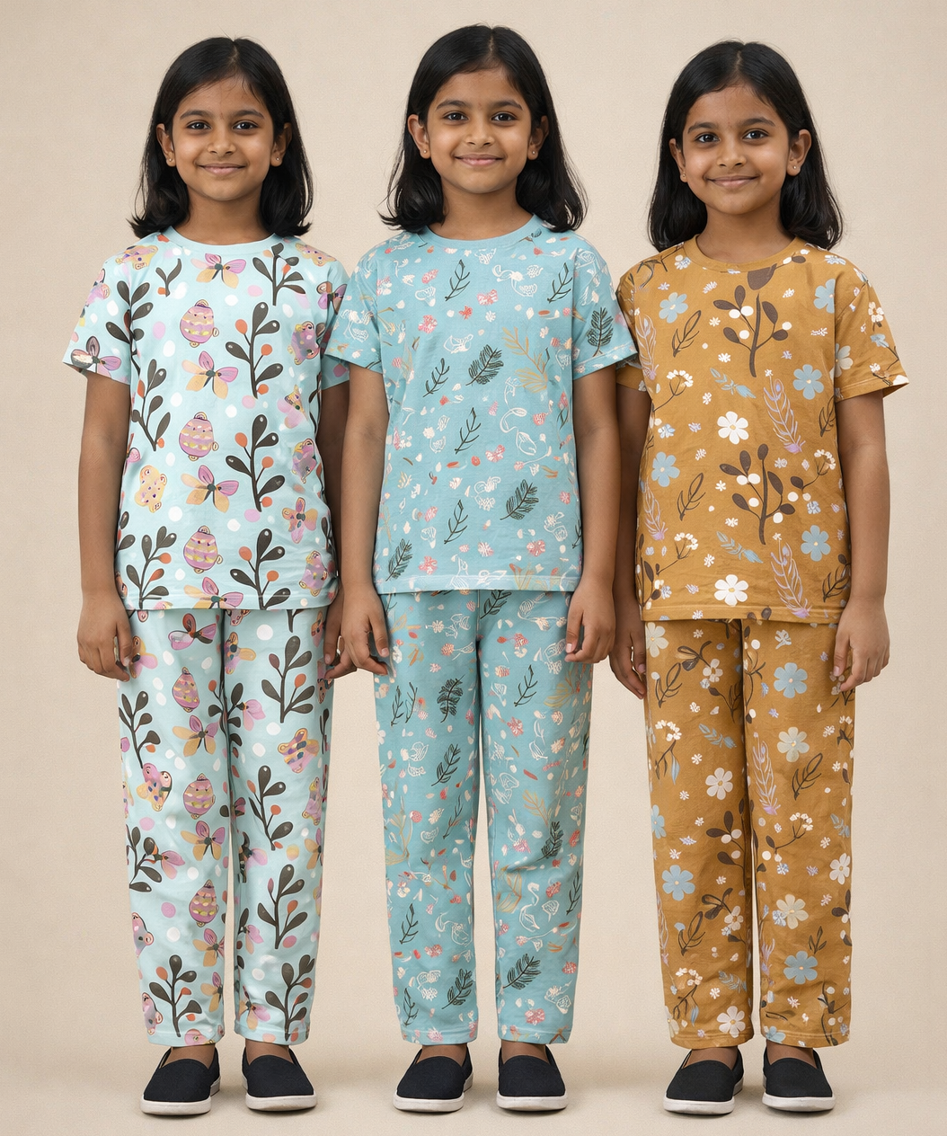 Girl Kids All Over Printed Co-ord Set | Tshirt and Pant | Age 2 to 10 Years (Pack of 3 Sets)