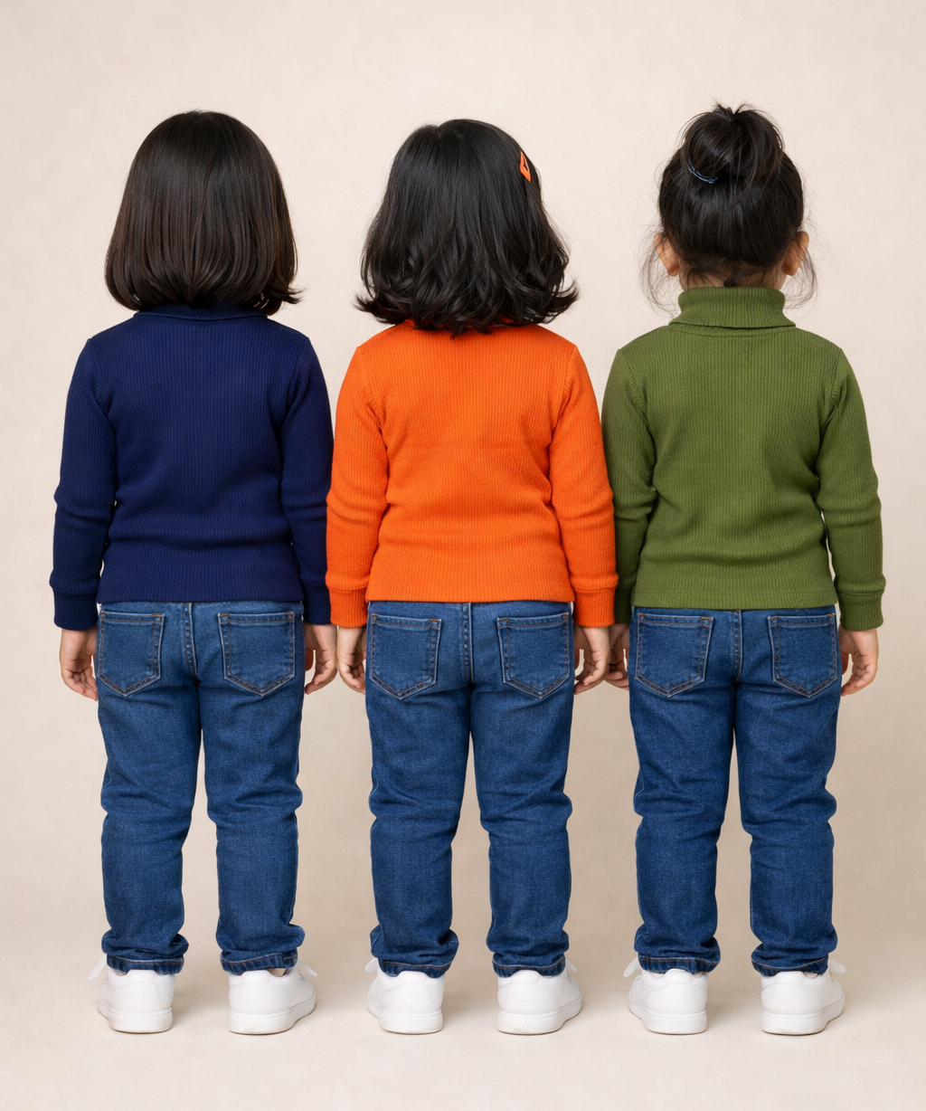 Kids Girls Full Sleeve Hi-Neck Plain Rib T-shirt | Age 0 to 5 Years (Pack of 3)