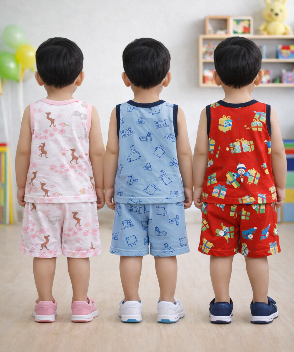 Boys Cotton Cartoon Printed Kids Sleeveless Set Combo | Age 0 to 3 Years | T-shirt & Shorts (Combo Set Pack of 3)