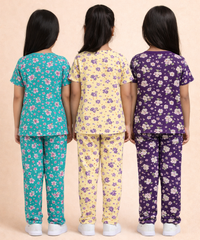Girl Kids All Over Printed Co-ord Set | Tshirt and Pant | Age 2 to 10 Years (Pack of 3 Sets)