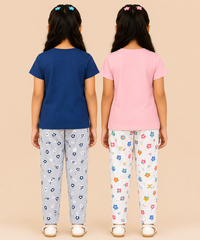 Girls Printed Cotton Night Suit Combo | Graphic Printed T-Shirts & Floral Night Pant | Age-2 to 6 Years | Pack Of 2 Sets