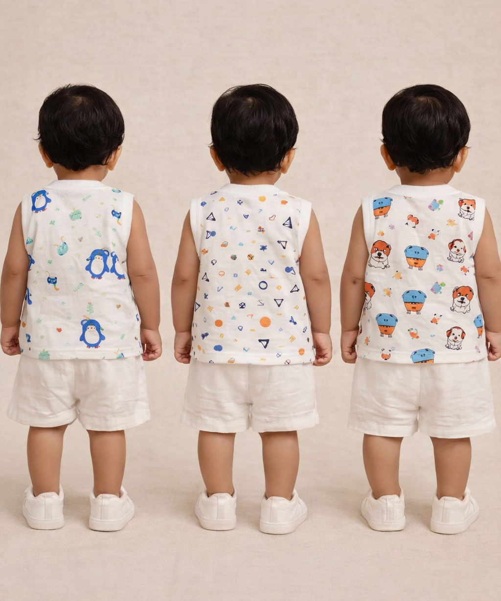 Baby Boys Sleeveless Muslin Cotton Printed Jebla Vest | 3–6 Months (Pack of 3)