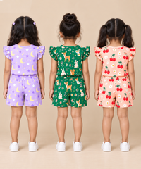 Girls All Over Printed | Flutter Sleeve Tshirt and Shorts Co-ord Set | Age 0 to 3 Years (Pack of 3 Sets)