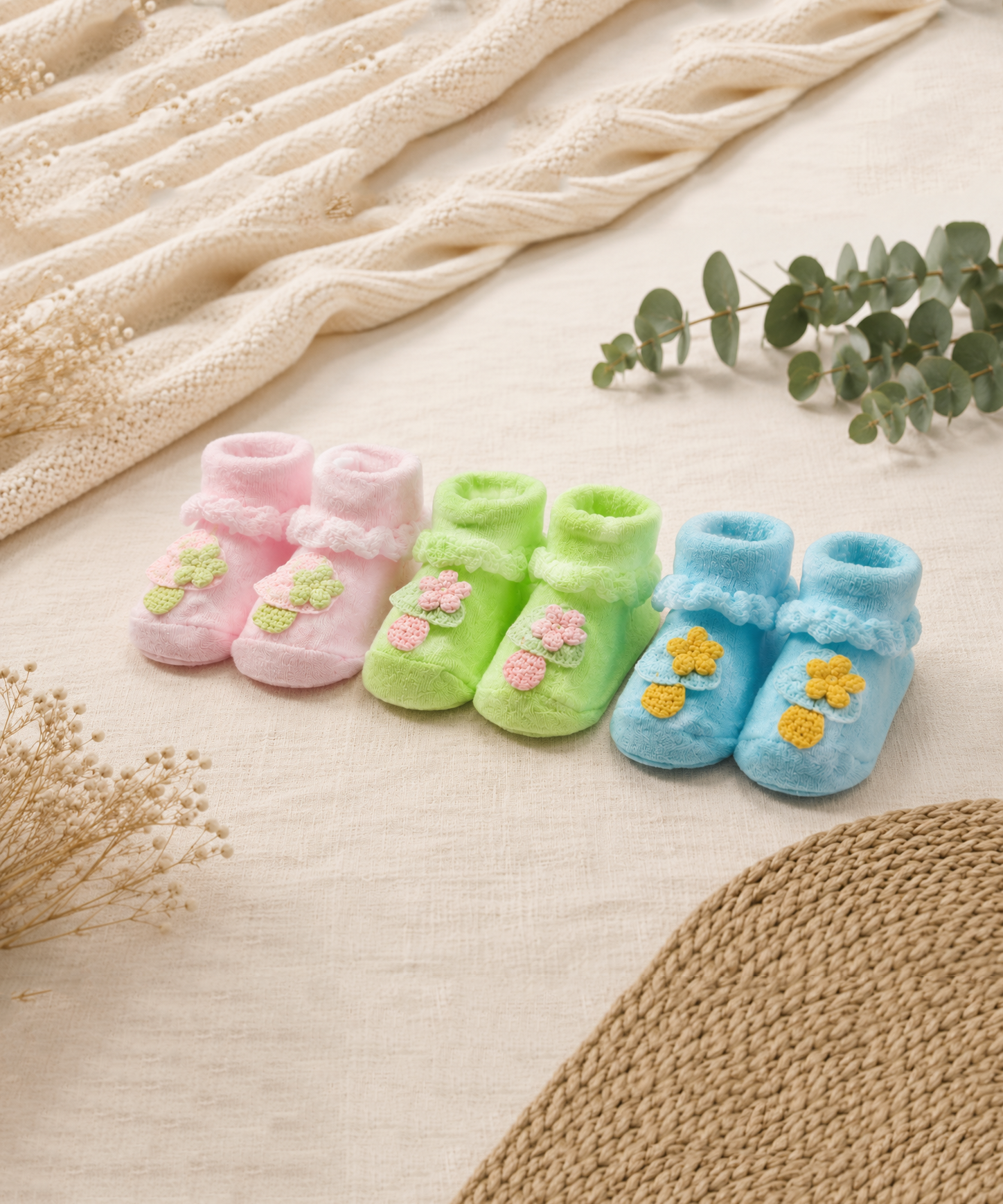 Soft Cotton Baby Booties | 0 to 12 Months | Pack of 3 Pairs Set