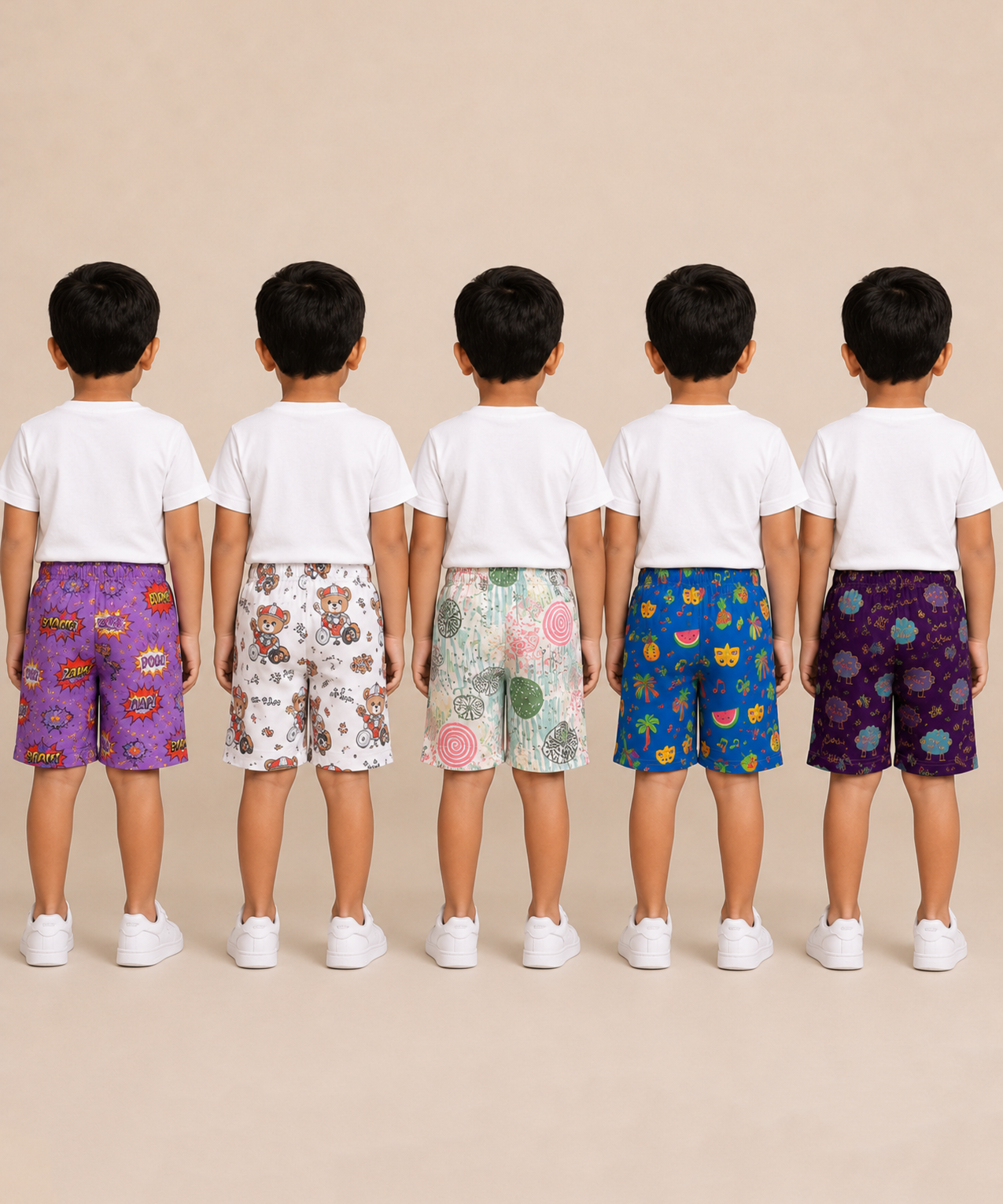 Boys Kids Pure Cotton Printed Shorts with Elastic | Age 4 to 5 Years (Pack of 5 Pieces)