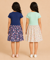 Girls Printed Half Sleeve Cotton Contrast Frock Dress | Floral Knee Length Casual Wear for Kids | Age - 5 to 10 Years | (Pack of 2)
