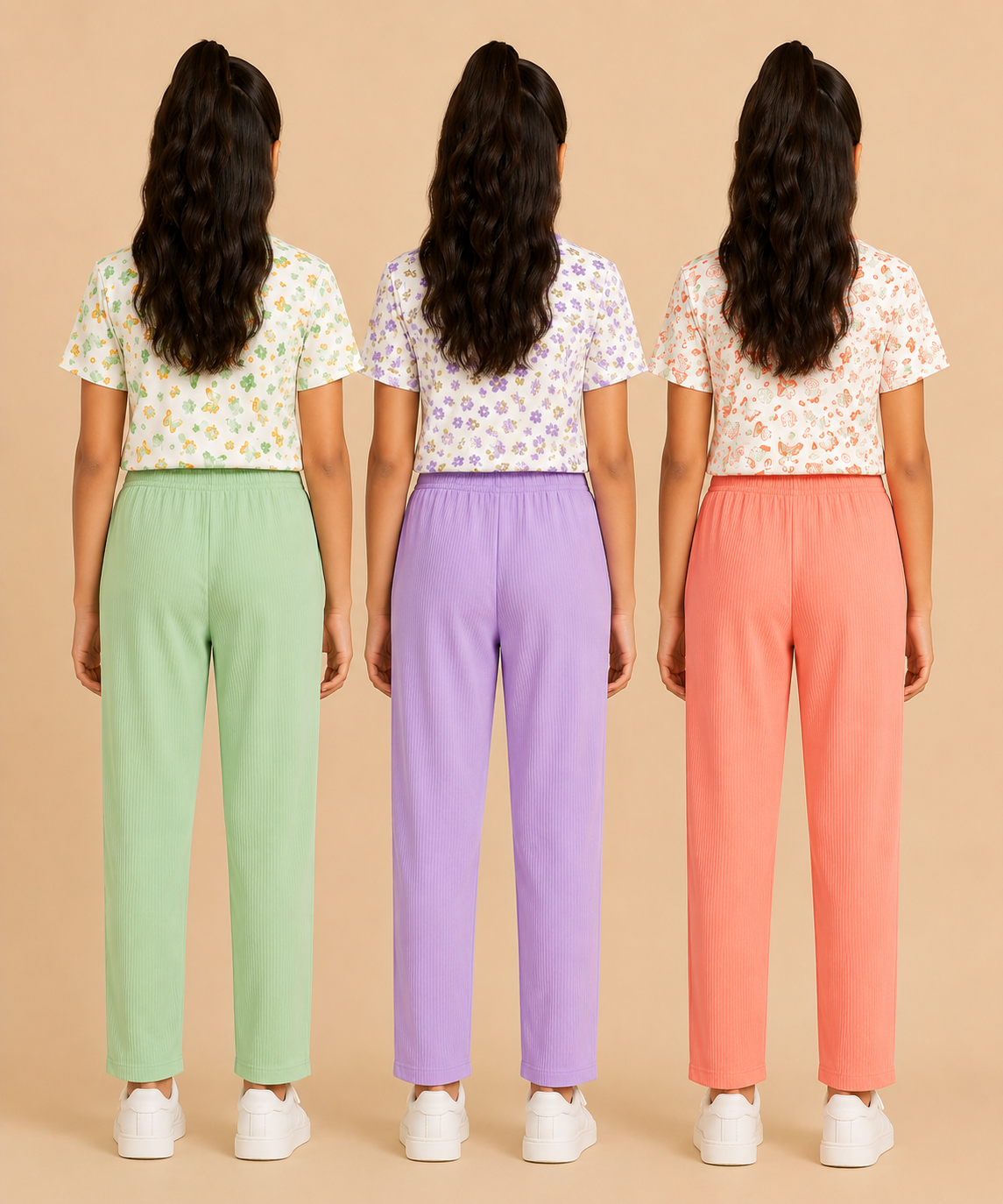 Girls Cotton Printed T-Shirt with Vertical Textured Lines Full-Length Pant Nightwear | Age 8 to 15 Years (Pack Of 3 Sets)
