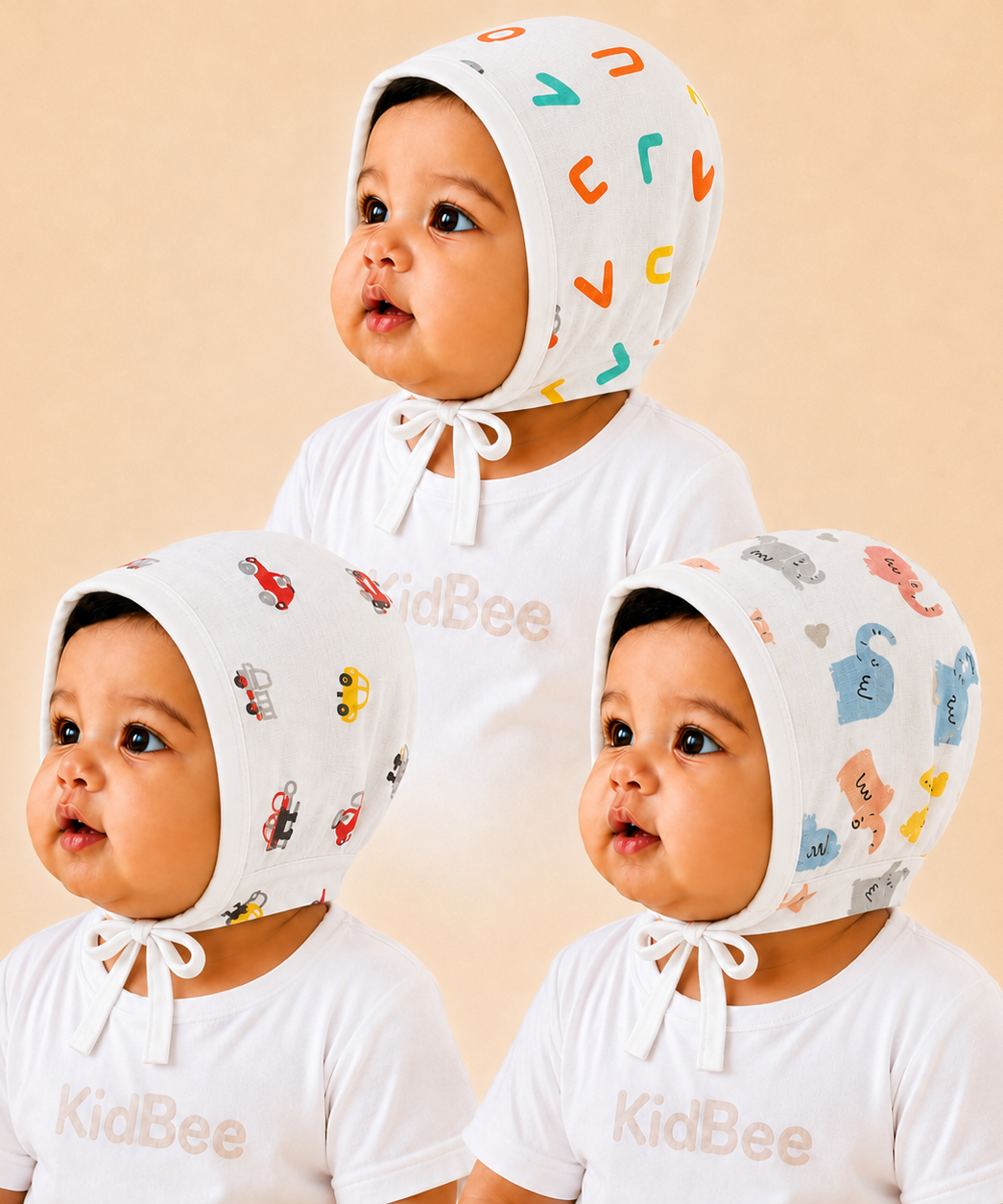 Baby Muslin Cotton Printed Bonnet Cap with Chin Tie – Soft & Comfortable Infant Headwear | 0–12 Months (Pack of 3)