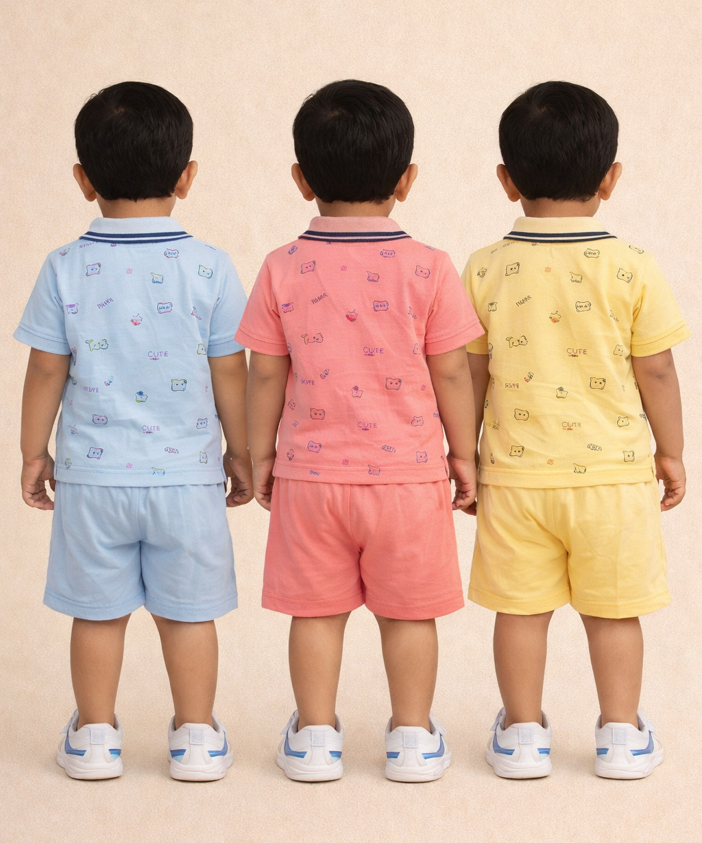 Boy & Girl Baby Unisex Cotton Polo/Collar Babies Co-ord Set Combo / Age 0-24 Months (Tshirt & Shorts Set Pack of 3) - 2120