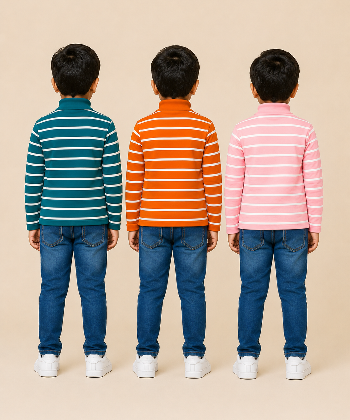 Kids Boys Full Sleeve Hi-Neck Stripes Rib T-shirt | Age 9 to 24 Months | Pack of 3 Pieces