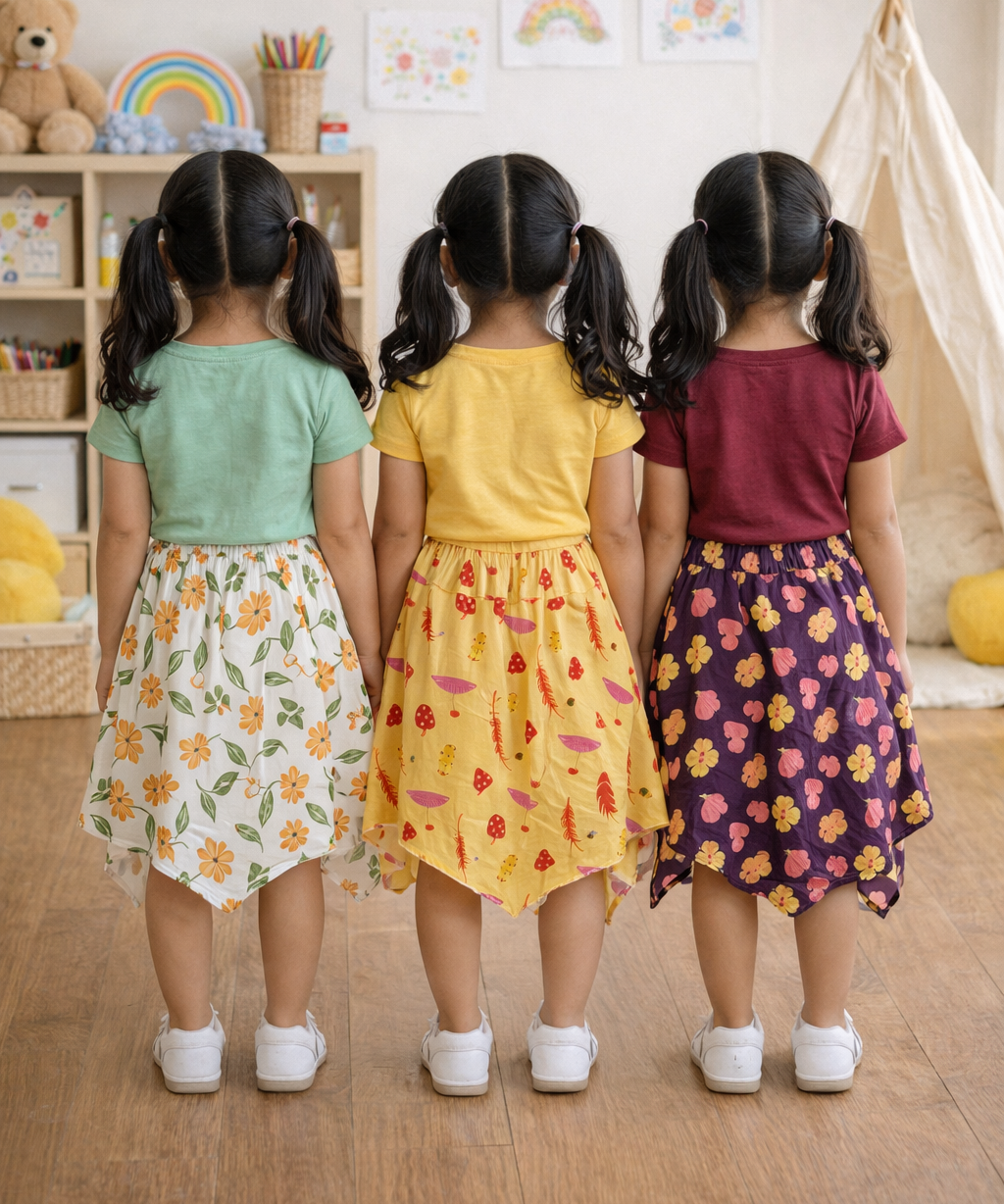 Cotton Fish Midi Floral Printed Skirt | Casual wear for Girl Kids Age 2 To 9 Years (Pack of 3)