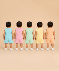 Boy & Girl Babies Poly Cotton Sleeveless Printed Top & Shorts Co-ord Set | 0-6 Months (Pack of 5) - Style 3